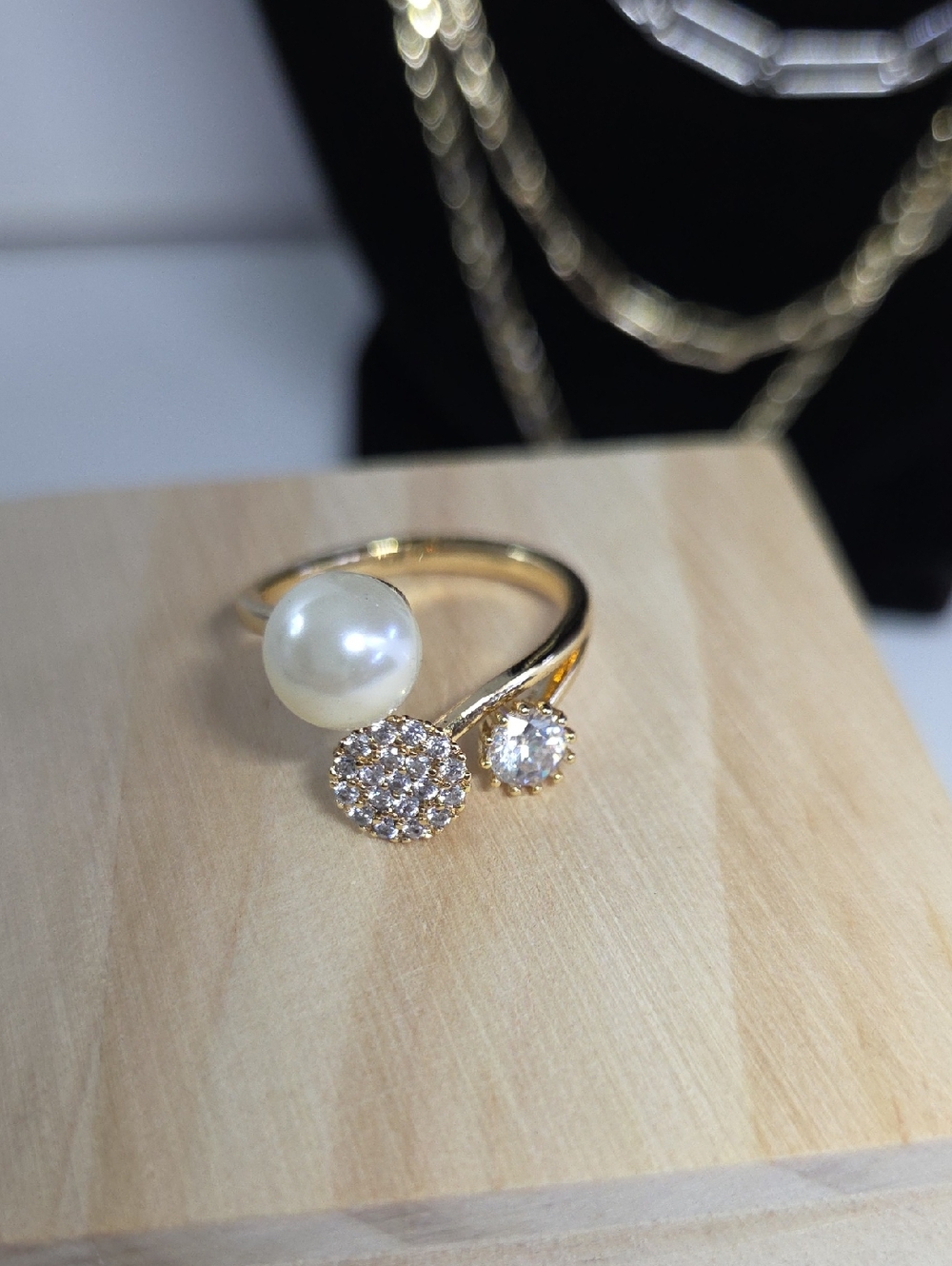 Gold Pearl and Crystal Open Ring